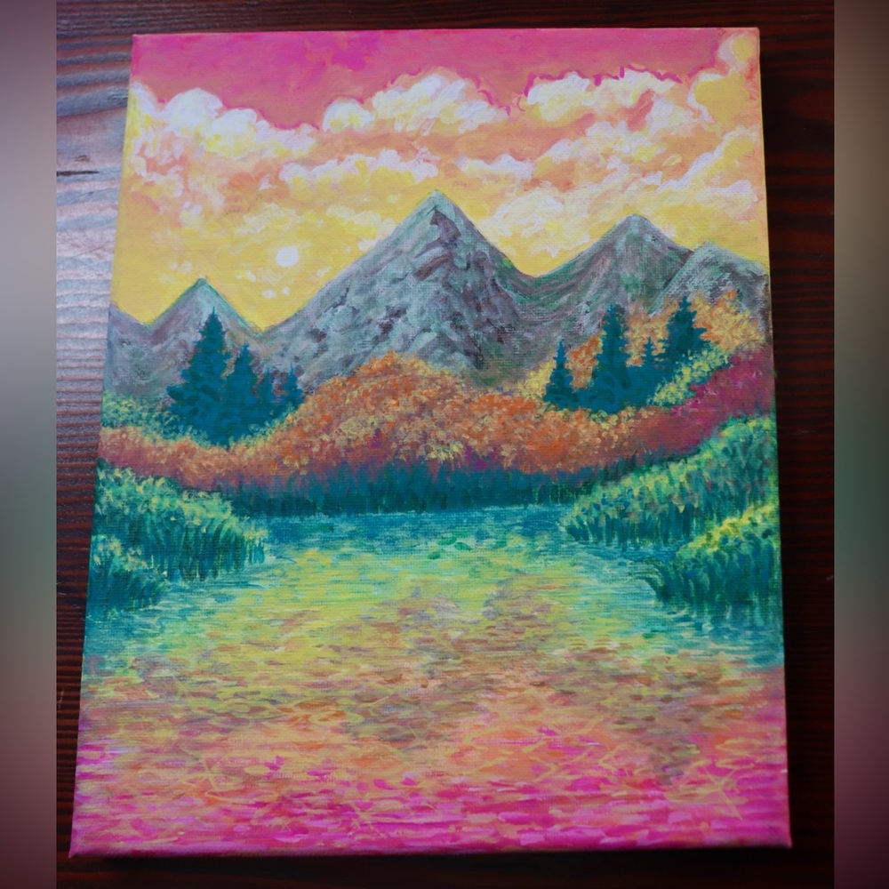 Sunset Mountain Lake Landscape Wall Art - Pink, Yellow & Green